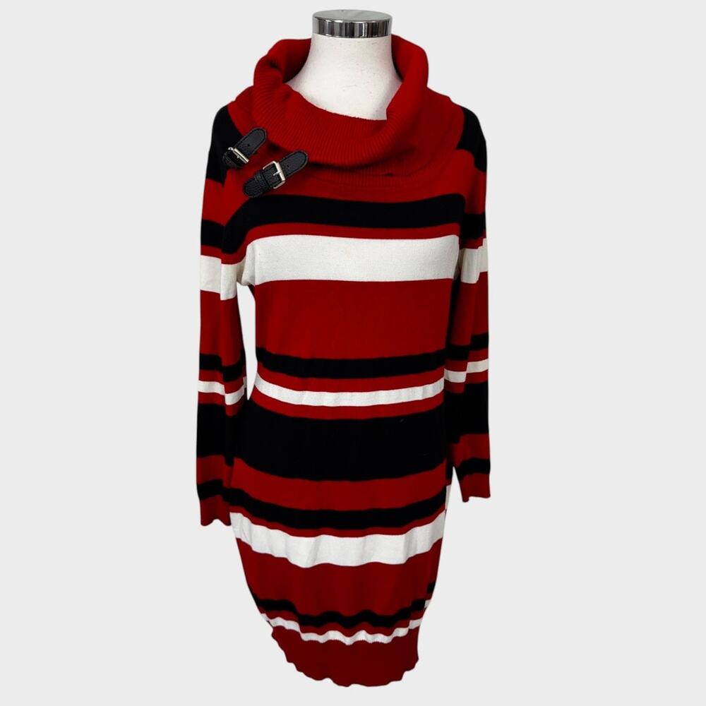 NYC 1X Cowl Neck Striped Sweater Dress Red Black White